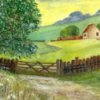 Oil painting of house and fields.