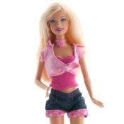 Barbie in pink top and jean shorts