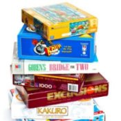 Stacks of board game boxes