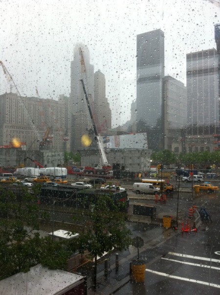 A close up of the construction of the World Trade Center and 911 Memorial.