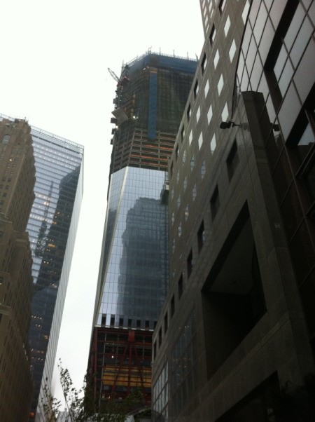 A closer view of the World Trade Center being constructed.