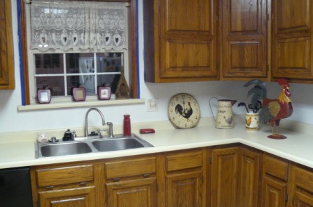 Corner photo in new kitchen of counter with rooster decoration.