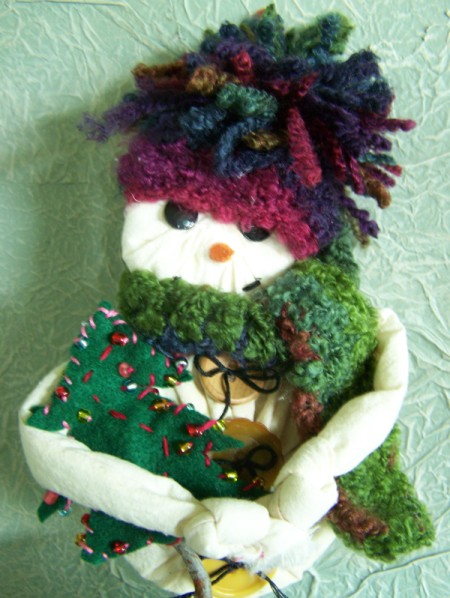 Closeup of face of snowman plant stake