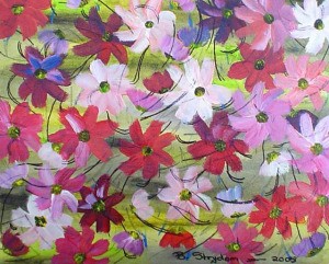 paper with colorful cosmos all over it, green background, white, pink, red, purple flowers