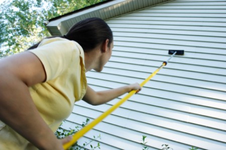 Cleaning Vinyl Siding, A woman scrubbing the siding of her house.