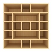 Shelving composed of multisized cubes and rectangles.