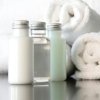 Homemade bath products in clear bottles.