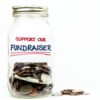 Money jar with label that says "Support Our Fundraiser" on white background