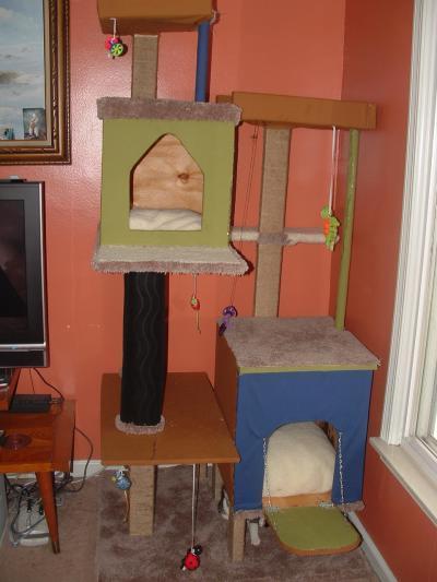 Photo of a huge homemade cat tree.
