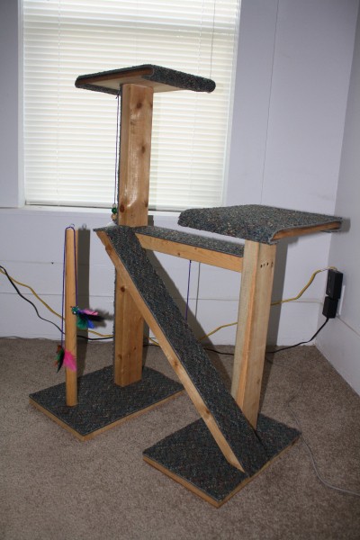 A homemade cat tree made with cheap and free materials.