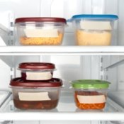 Leftover food in containers in the fridge.