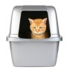 Orange tabby sitting in covered litterbox.