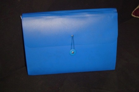 A blue expandable file box for important paperwork.