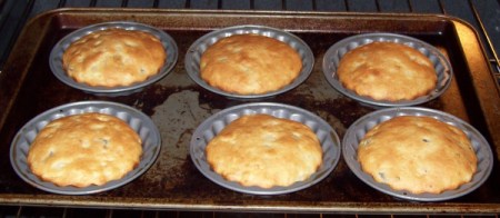 Tray of baked muffin tops in oven