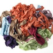 Loose ball of cut up t-shirts for crafting.