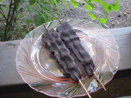 Two strips of bacon threaded on skewer and coated in chocolate displayed on a plate