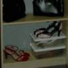 Shoes and handbags stored on bookshelf.