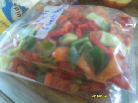 A bag of frozen peppers.