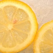 Frozen lemon slices on ice.