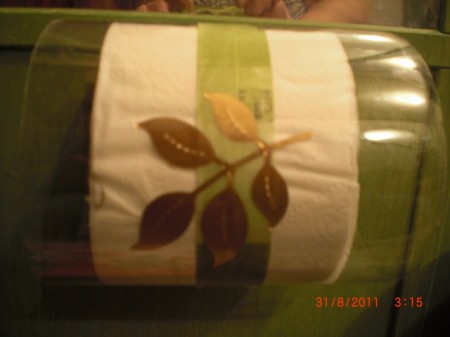 Plastic bottle toilet paper holder hung sideways with leaf design embossed on it.