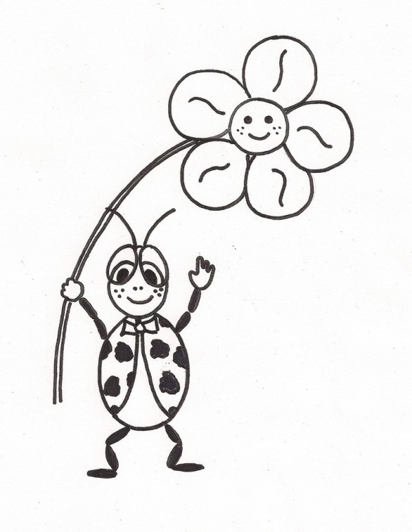 Black line drawing of a smiling ladybug standing holding a smiling flower