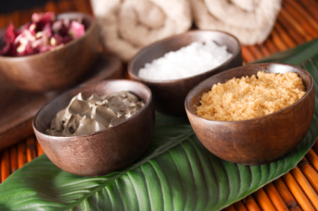 Salt and Herbs in Wooden Bowls