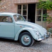 Finding an Inexpensive Car, Blue Volkswagon Beetle parked by a building.