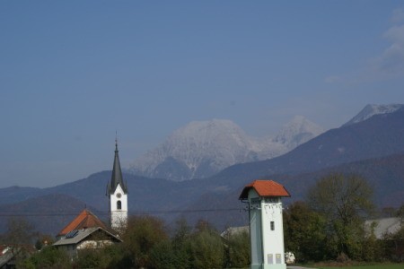 View of village skyline and mountains in Slovenia