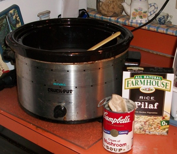 Slow cooker, can on soup, and the box of rice pilaf.