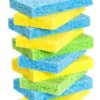 Stack of blue, yellow, and green sponges.