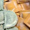 Two colors of frozen ravioli.
