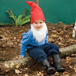 Child in a garden gnome costume.