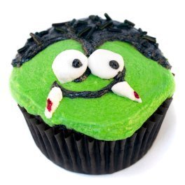 A cupcake decorated as a vampire.