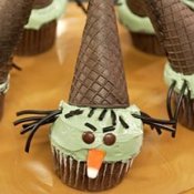 Wicked witch cupcakes with ice cream cone hats.