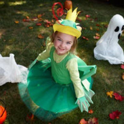 Little Girl in Homemade Frog Costume