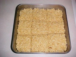 Pan of treats cut into large squares.
