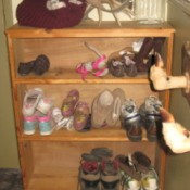 Bookshelf with different sized shoes on it.shoes