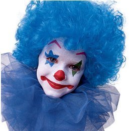 Child in a blue clown wig and face paint.