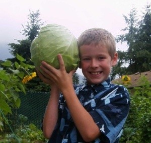 A picture of a boy holding a large head of cabbage.