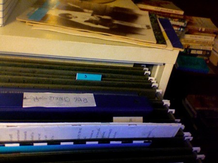 Thin books in file folders.