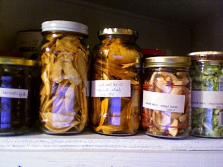 Jars of dried food on a shelf.