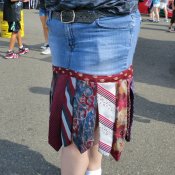 Making a Skirt With Neckties, Upclose photo of necktie and denim skirt.