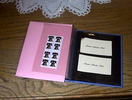 Brag book organizer with postage stamps in one sleeve.
