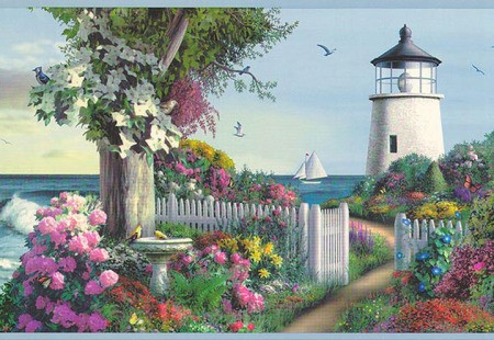 Wallpaper border with garden, white picket gate and lighthouse in the distance.