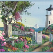 Wallpaper border with garden, white picket gate and lighthouse in the distance.