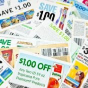 A bunch of coupons cut out of ads in the newspaper.