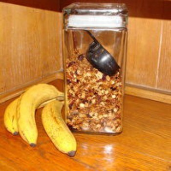 Container of homemade granola and three bananas.