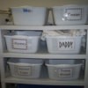 Laundry tubs for organizing clean laundry.