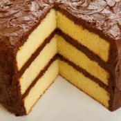 Yellow cake with chocolate frosting.