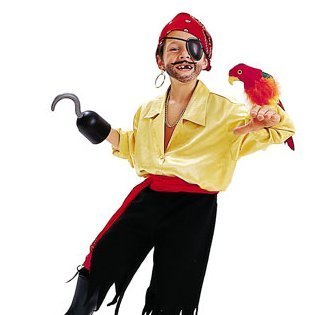 Boy in a homemade pirate costume with a parrot.